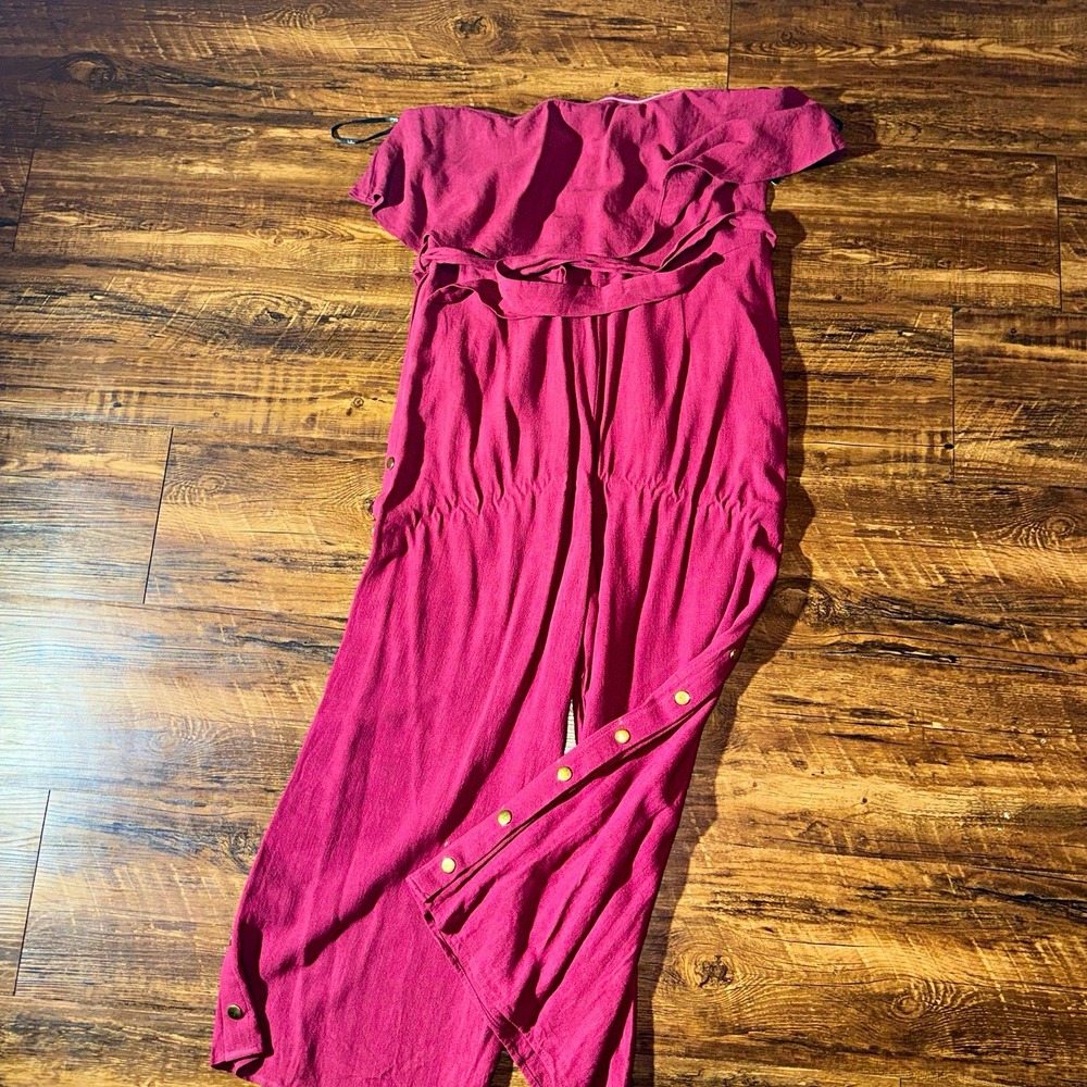 Lulus Burgundy Strapless Solid Crepe Ruffle Jumpsuit Snapbutton Button XL NEW